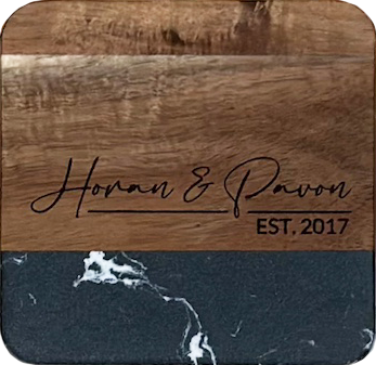 Personalized Acacia Wood and Black Faux Marble Square Coasters