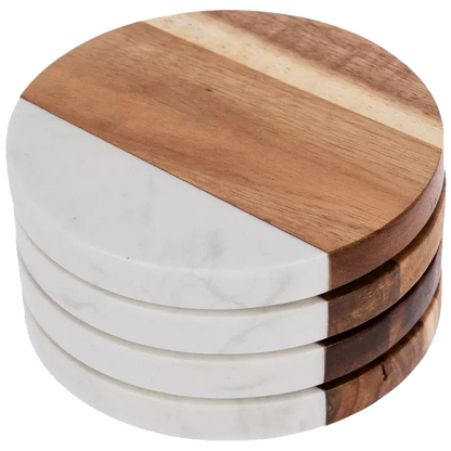 Personalized Acacia Wood and White Faux Marble Coasters