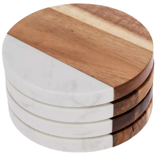 Personalized Acacia Wood and White Faux Marble Coasters