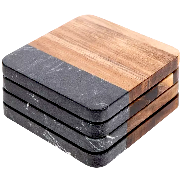 Personalized Acacia Wood and Black Faux Marble Square Coasters