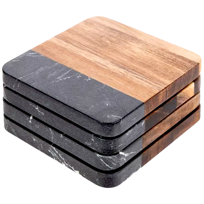 Personalized Acacia Wood and Black Faux Marble Square Coasters