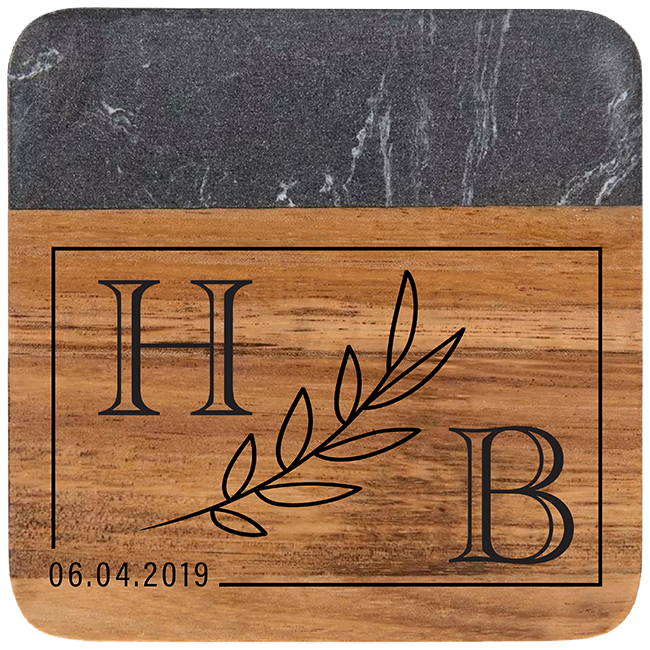 Personalized Acacia Wood and Black Faux Marble Square Coasters