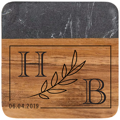 Personalized Acacia Wood and Black Faux Marble Square Coasters