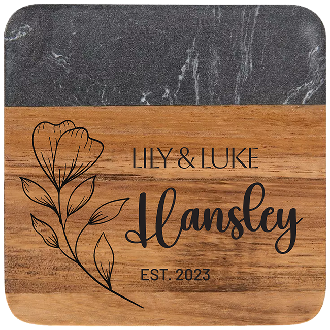 Personalized Acacia Wood and Black Faux Marble Square Coasters