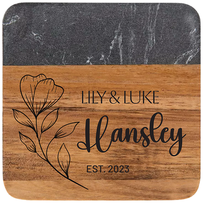 Personalized Acacia Wood and Black Faux Marble Square Coasters